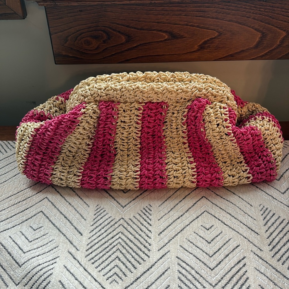 Pink and tan Striped Ratan/wicker clutch